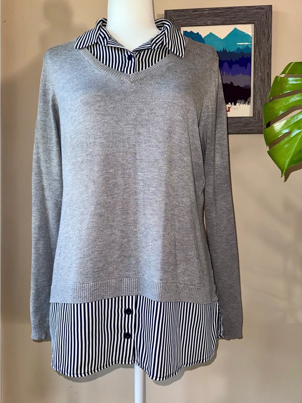 Adrianna Papell Gray Layered V-Neck Sweater with Striped Hem